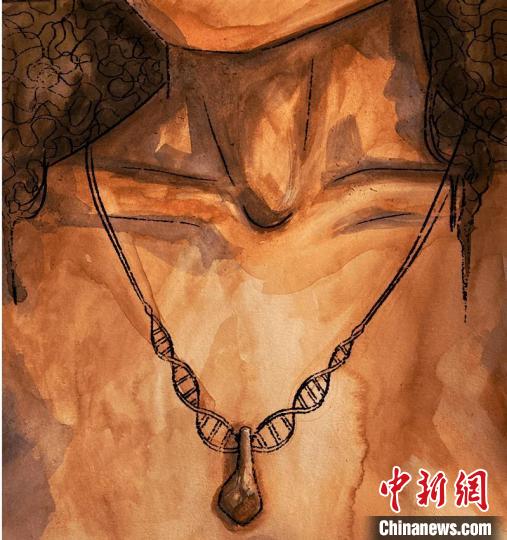 墜飾藝術(shù)再現(xiàn)圖，圖中吊墜繩為DNA螺旋樣式(圖片作者M(jìn)yrthe Lucas)?！∈┢樟指瘛ぷ匀?供圖
