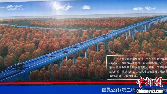 大橋穿越近3000米的原始胡楊林保護(hù)區(qū)。圖為工程效果圖?！∈酚窠?攝