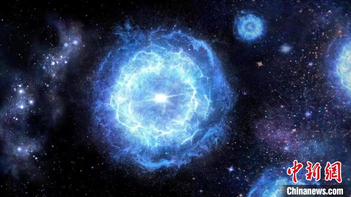 第一代超大質(zhì)量恒星演化成為“對不穩(wěn)定超新星”的藝術(shù)展示圖。　中科院國家天文臺 供圖
