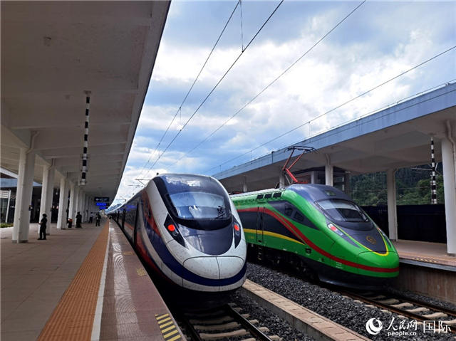 “復興號”和“瀾滄號”國際旅客列車?？吭诶蠐肽ザ≌尽Ｈ嗣窬W(wǎng) 杜明明攝