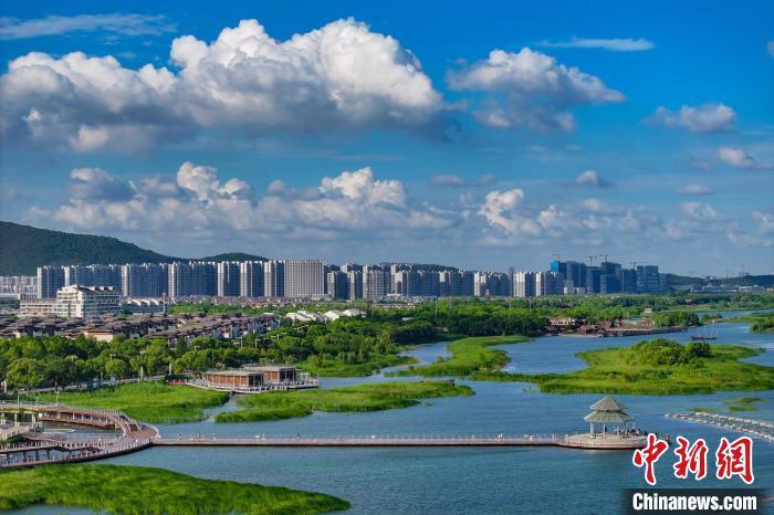 資料圖：航拍蘇州太湖湖濱國家濕地公園，藍(lán)天碧水生態(tài)美。 泱波 攝