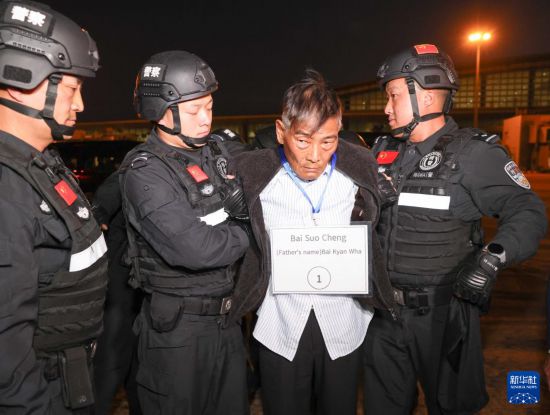 1月30日，在緬甸內(nèi)比都國際機場，緬甸警方依法向我公安機關(guān)移交緬北重大犯罪嫌疑人白所成。新華社記者 殷剛 攝
