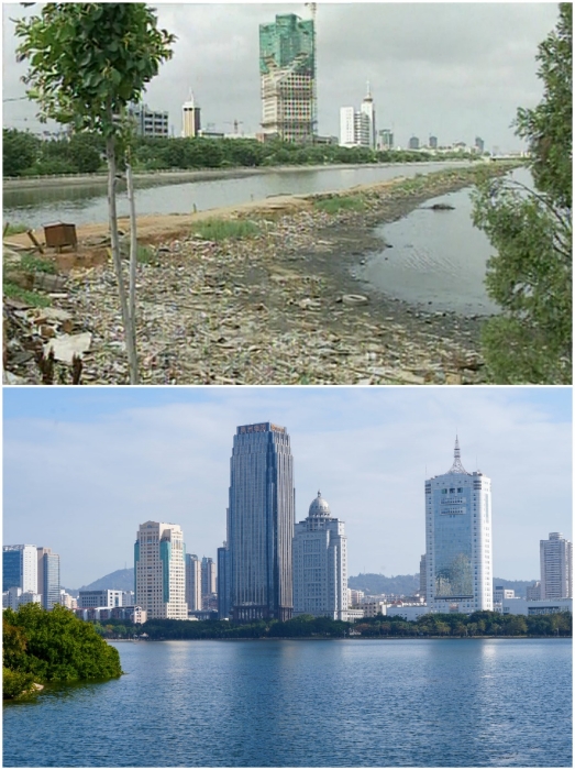 上圖：筼筜湖治理前資料圖。下圖：筼筜湖如今的美麗風(fēng)光。人民網(wǎng)記者 吳超嵐攝