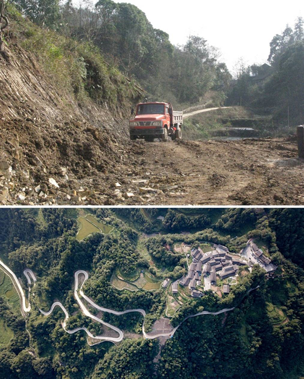 拼版照片：上圖為2011年12月拍攝的湖南省湘西土家族苗族自治州花垣縣十八洞村進(jìn)村道路；下圖為2019年9月拍攝的十八洞村及進(jìn)村道路。