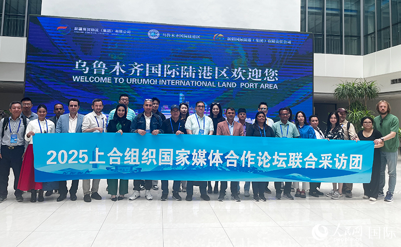 5月26日，外國(guó)媒體人在烏魯木齊國(guó)際陸港區(qū)合影留念。 人民網(wǎng)記者 翟轉(zhuǎn)麗攝