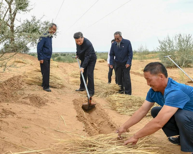 2019年8月21日，習(xí)近平來(lái)到甘肅省武威市古浪縣八步沙林場(chǎng)，實(shí)地察看當(dāng)?shù)刂紊吃炝?、生態(tài)保護(hù)等情況。新華社記者 謝環(huán)馳 攝