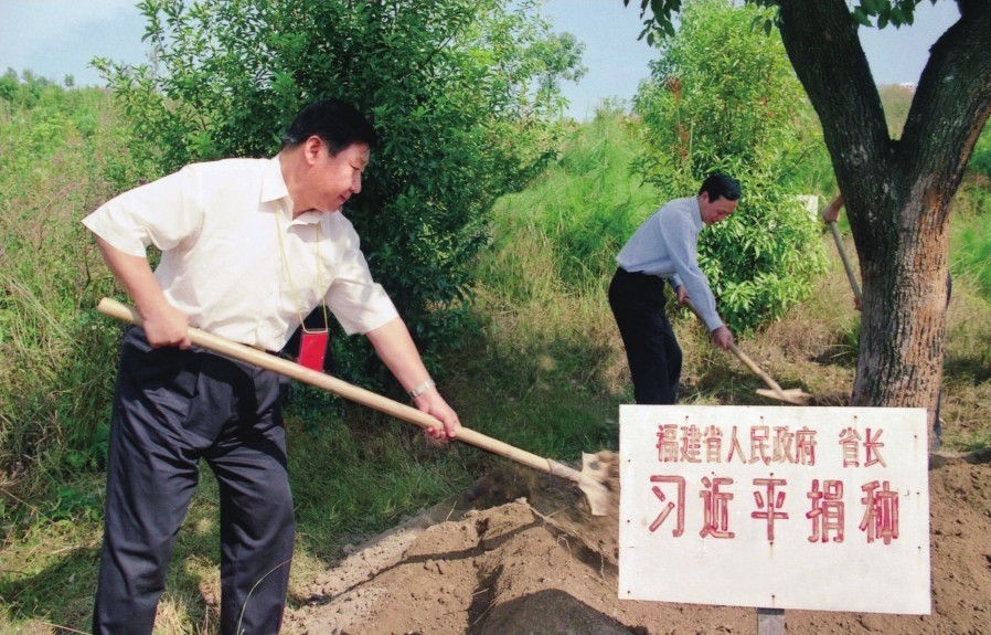 2001年10月，習(xí)近平在龍巖市長(zhǎng)汀縣調(diào)研水土流失治理工作，在河田世紀(jì)生態(tài)園為樹培土。圖源：《習(xí)近平在福建（下）》