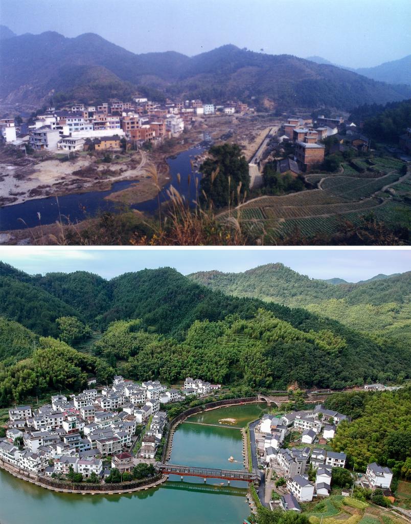 圖為浙江省杭州市淳安縣楓樹嶺鎮(zhèn)下姜村拼版圖，其中上圖為資料照片、下圖由新華社記者張鋮攝。
