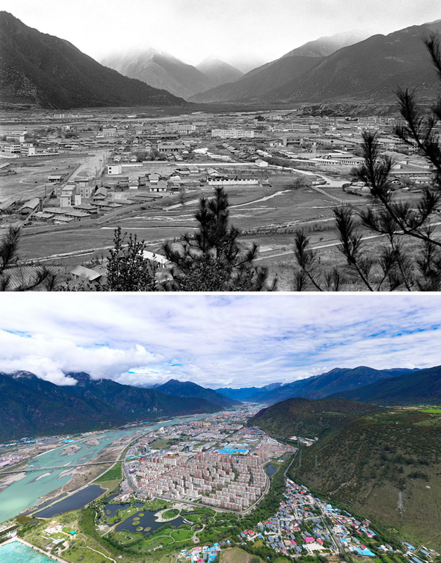 拼版照片：上圖是20世紀(jì)90年代的西藏林芝八一鎮(zhèn)；下圖是2021年7月20日拍攝的西藏林芝八一鎮(zhèn)風(fēng)貌。