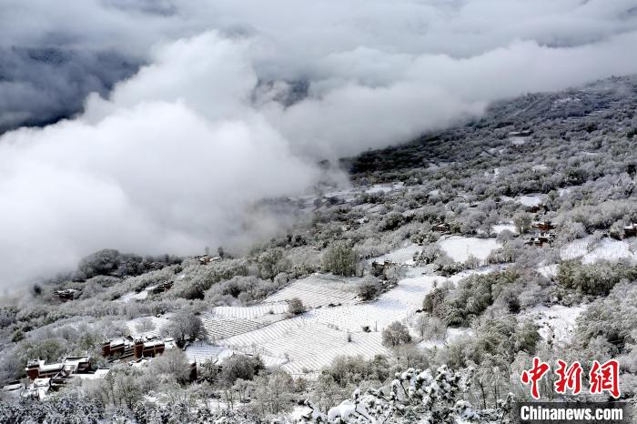 雪后的丹巴半山云霧繚繞?！±钣腊?攝