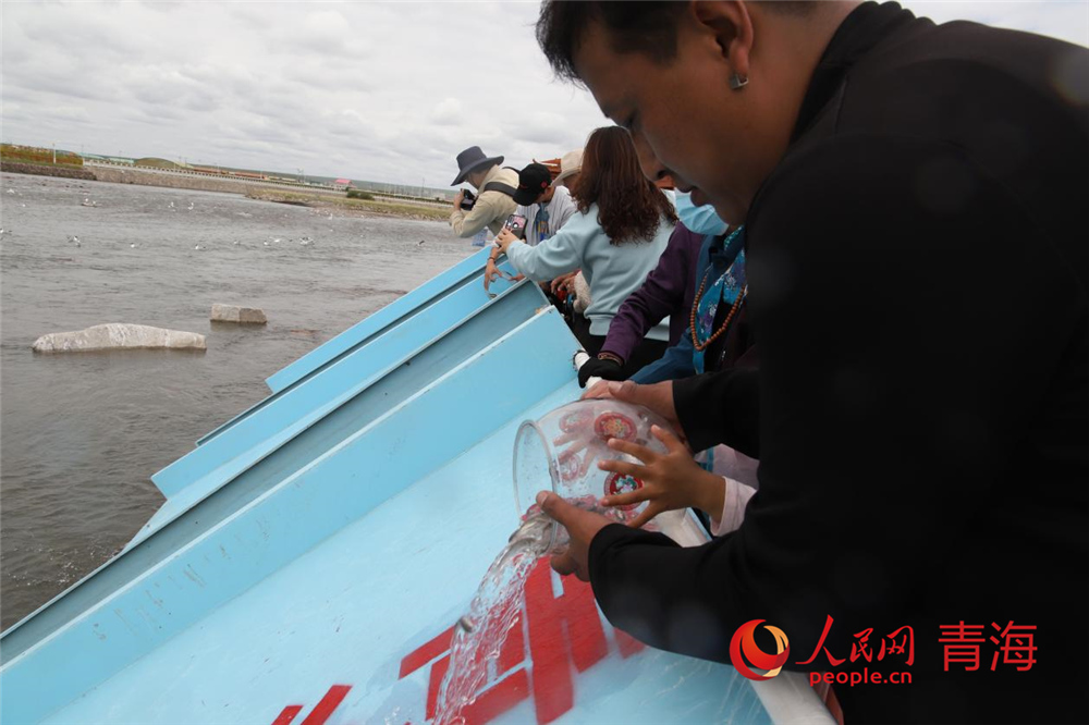 群眾放流青海湖裸鯉。人民網(wǎng) 陳明菊攝