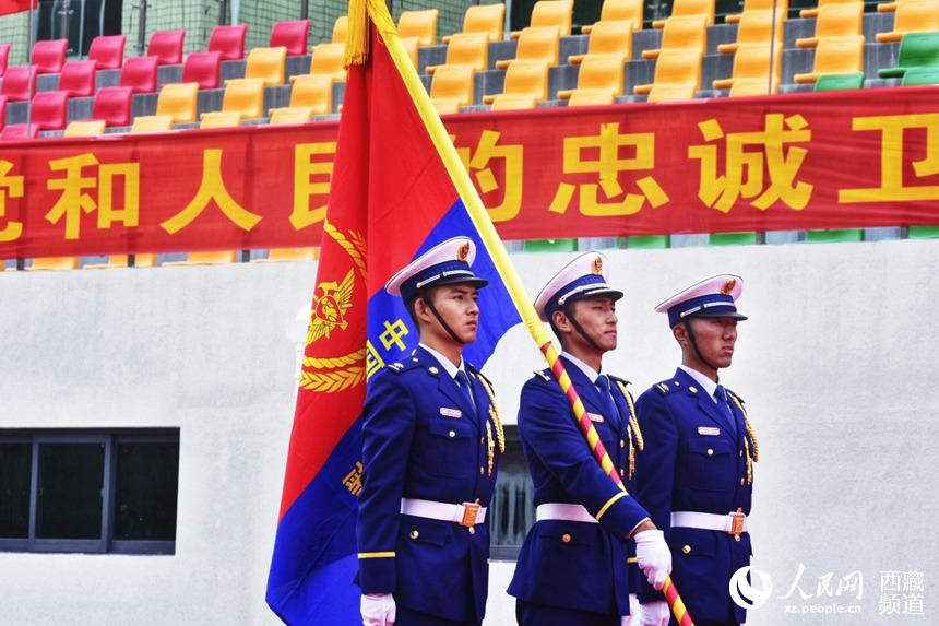 迎國家綜合性消防救援隊伍隊旗。人民網(wǎng) 李海霞 攝