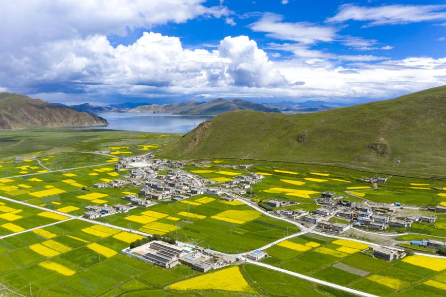 航拍道布龍村，依山傍水，阡陌縱橫。